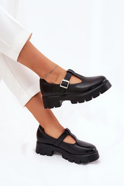 Półbuty Damskie Z Klamrą Na Platformie I Płaskim Obcasie Czarne Venda