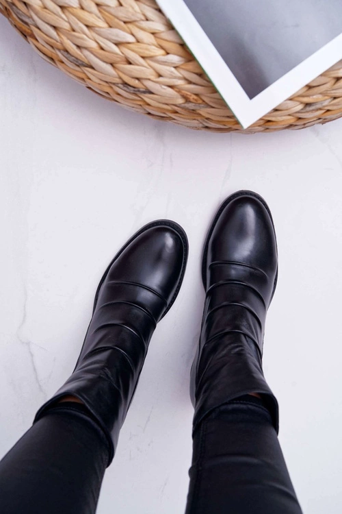 Botki Damskie Czarne Płaski Obcas Skóra Naturalna Laura Messi