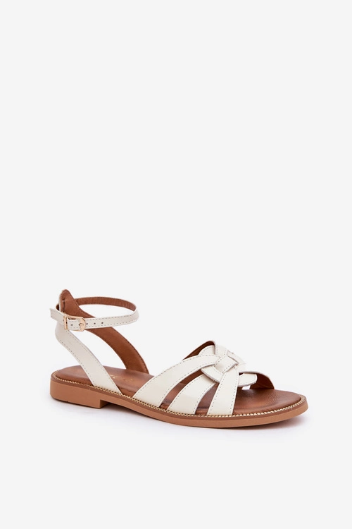 Skórzane Sandały Damskie Na Płaskim Obcasie Zazoo 3688 Ecru