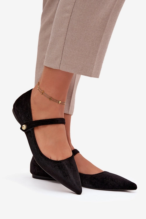 Aksamitne Baleriny Z Paskiem I Złotym Detalem Czarne Gisanne