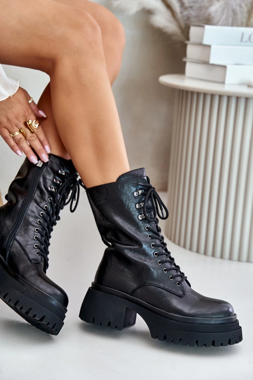 Skórzane Botki Workery Damskie Ocieplane GOE OO2N4121 Czarne