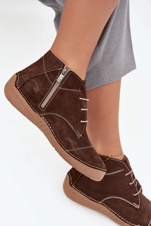 Skórzane Półbuty Damskie Z Przeszyciami Na Zamek Artiker 57C2117 Brązowe