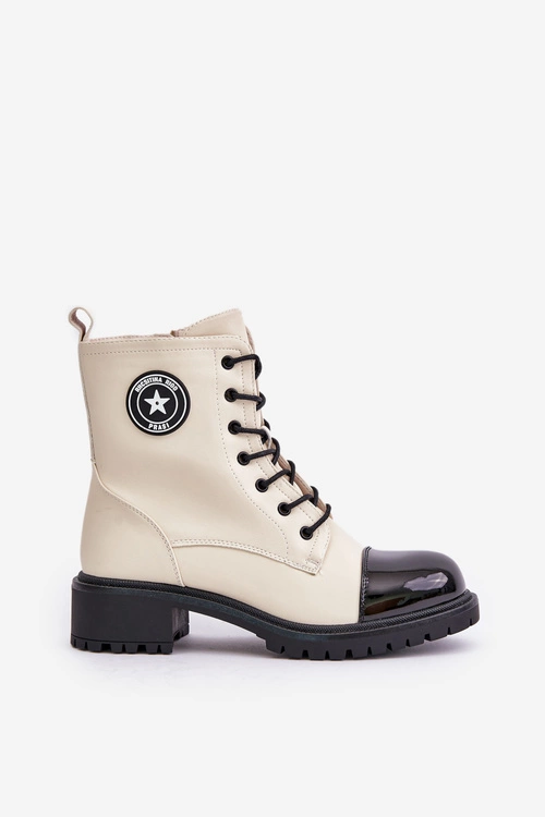 Botki Workery Na Zamek Ocieplane Beżowo-Czarne Soratta