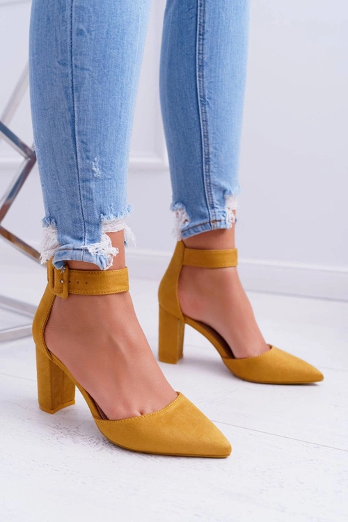 Czółenka Damskie Na Słupku W Szpic Żółte Domine