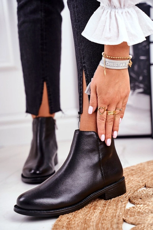 Botki Damskie Ciepłe Sztyblety Płaski Obcas Skóra Czarne Fernir