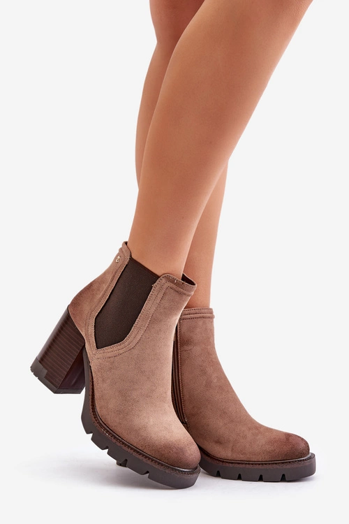 Ocieplane Botki Damskie Na Słupku Z Eko Zamszu Vinceza 58356 Beżowe