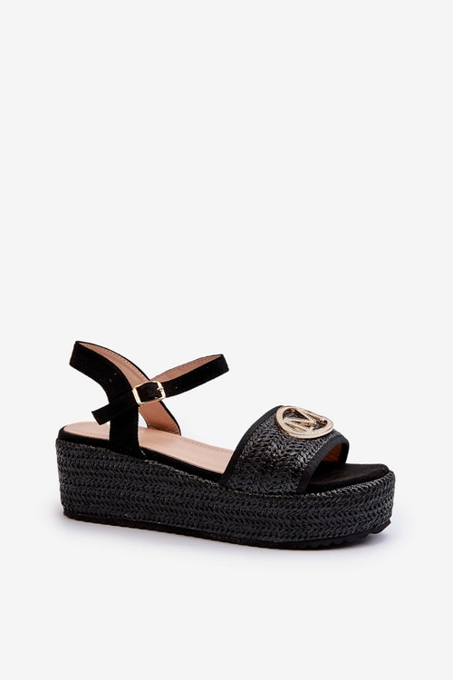 Sandały Damskie Na Koturnie Z Plecionką Czarne Esalena
