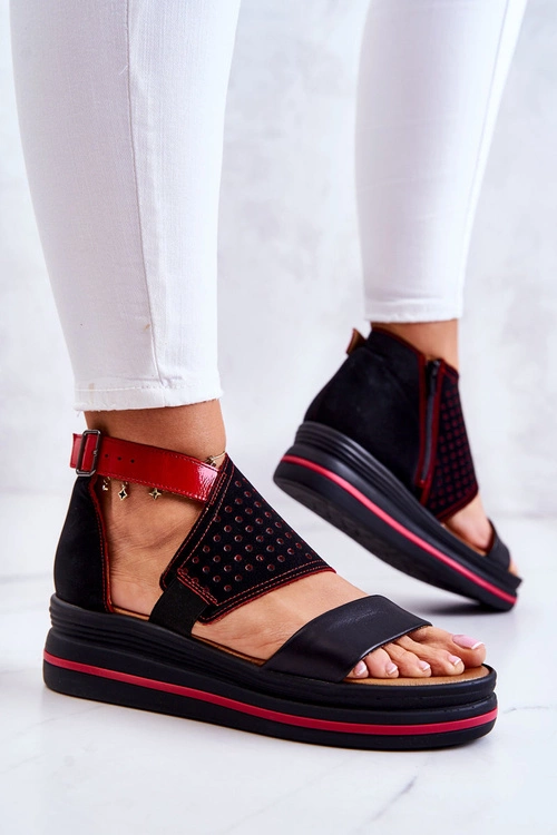 Skórzane Sandały Na Koturnie Maciejka 05356-01 Czarno-Czerwone