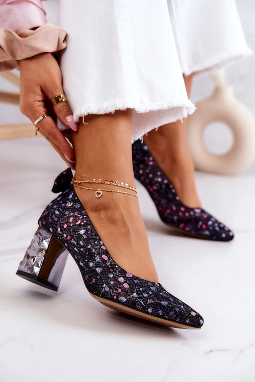 Skórzane Czółenka Na Słupku Maciejka 05334-15 Granatowe