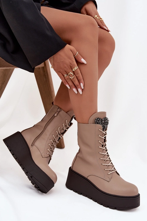 Skórzane Botki Damskie Z Ozdobą Ocieplane Beżowe Ulrika