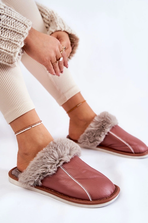 Damskie Skórzane Papcie Z Futerkiem Ciemnoróżowe Rossa