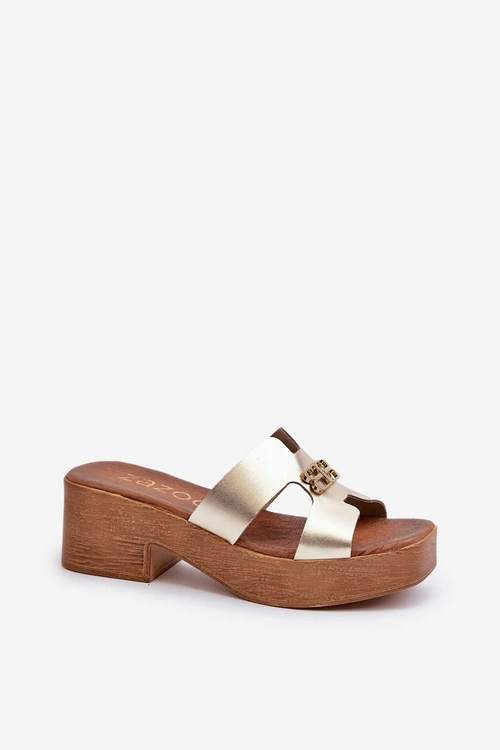 Zazoo 40412 Skórzane Eleganckie Klapki Damskie Z Ozdobą Złote