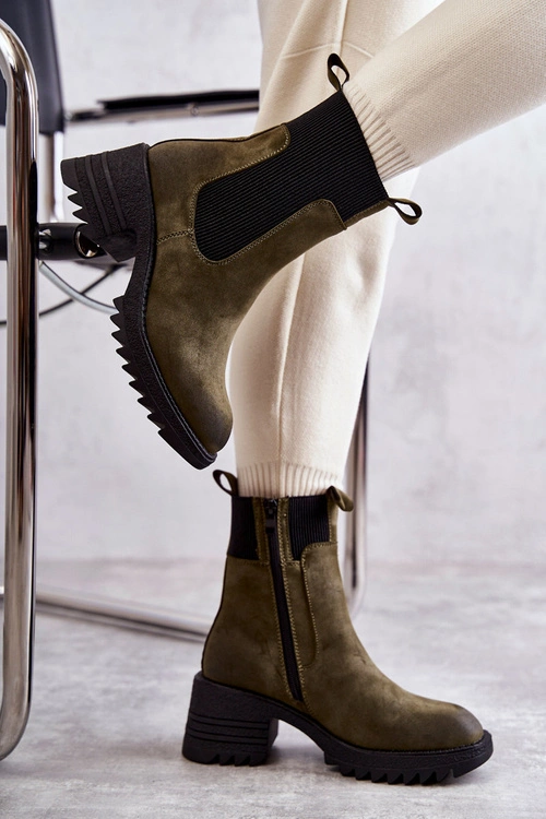 Damskie Ocieplane Botki Na Obcasie Zielone Abella