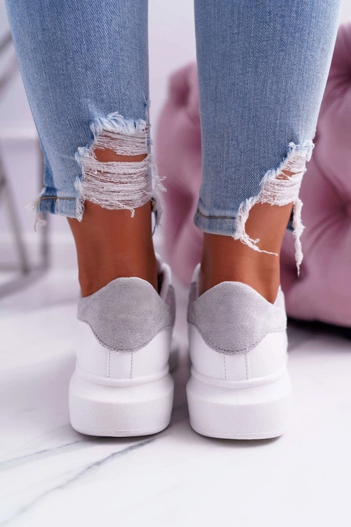 Sportowe Damskie Buty Gruba Podeszwa Białe Szare Skirt