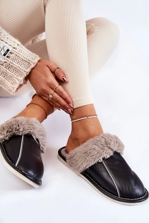 Damskie Skórzane Papcie Z Futerkiem Czarne Rossa