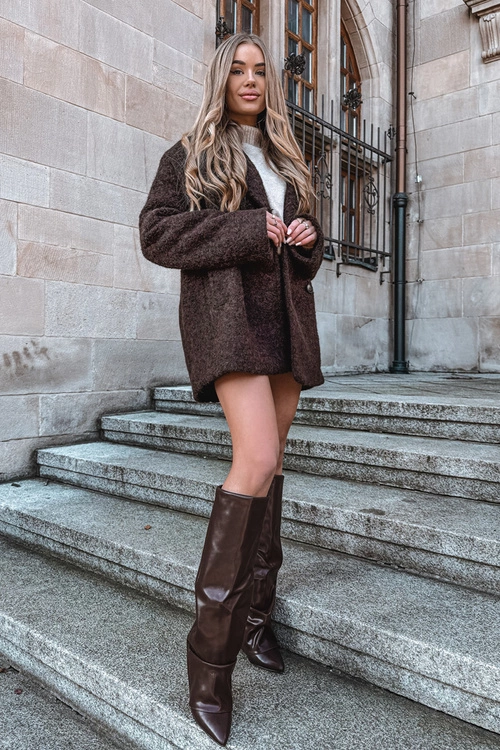 Ocieplane Kozaki Damskie Z Wywiniętą Cholewką Na Słupku Czekoladowe Elivira