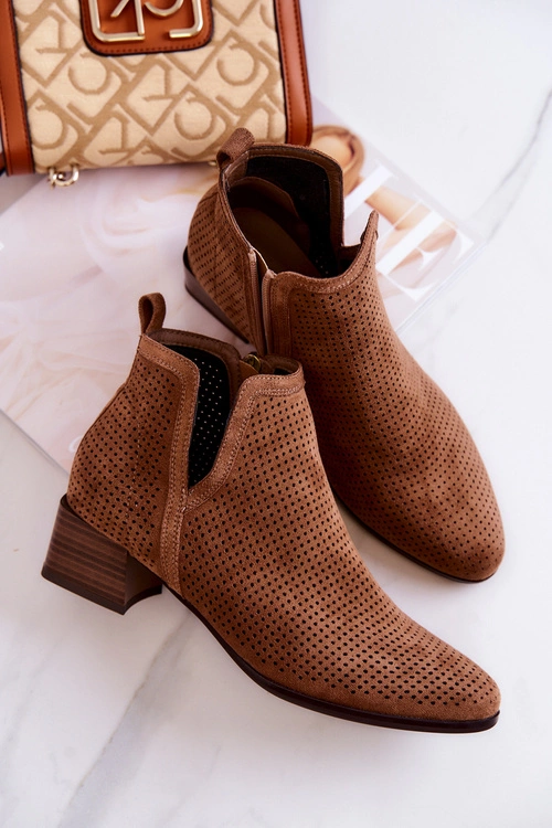 Zamszowe Botki Ażurowe Z Wycięciem Brązowe Carine