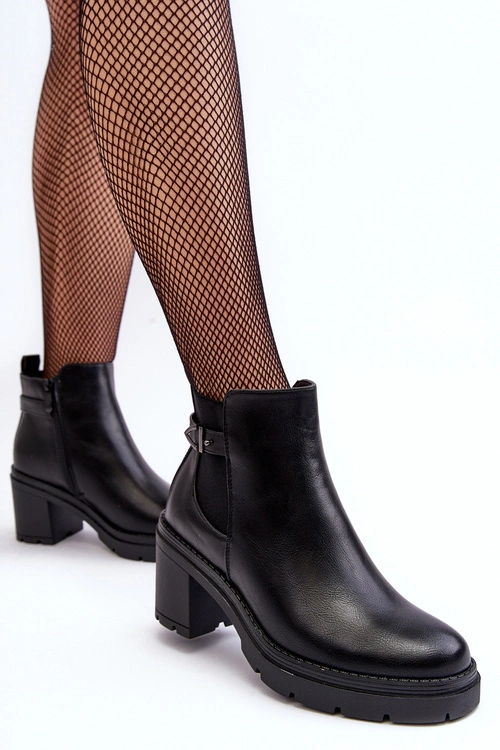 Skórzane Damskie Botki Na Masywnym Słupku Czarne Belinda