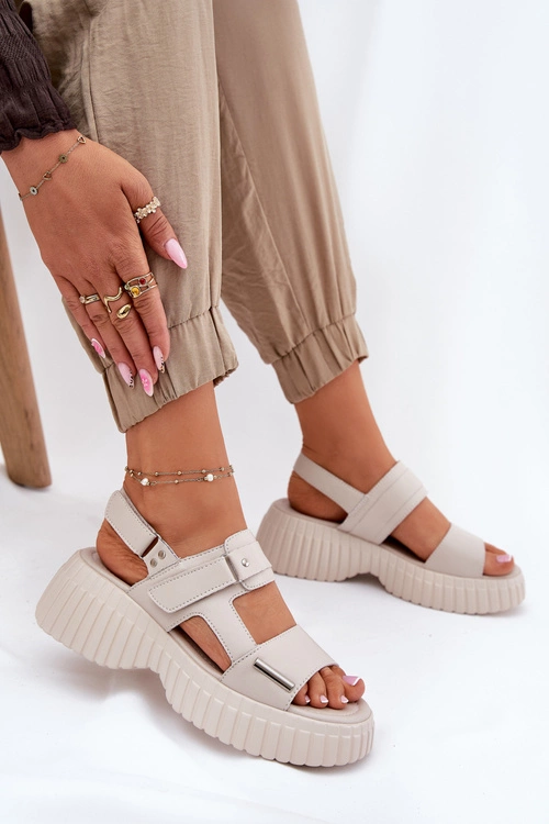 Skórzane Sandały Damskie Na Platformie Beżowe Mertella