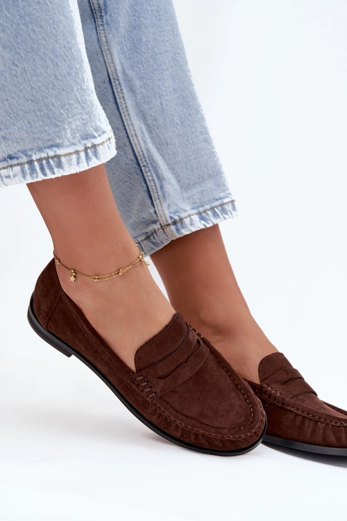 Loafersy Damskie Na Płaskim Obcasie Z Eko Zamszu Brązowe Rivianne