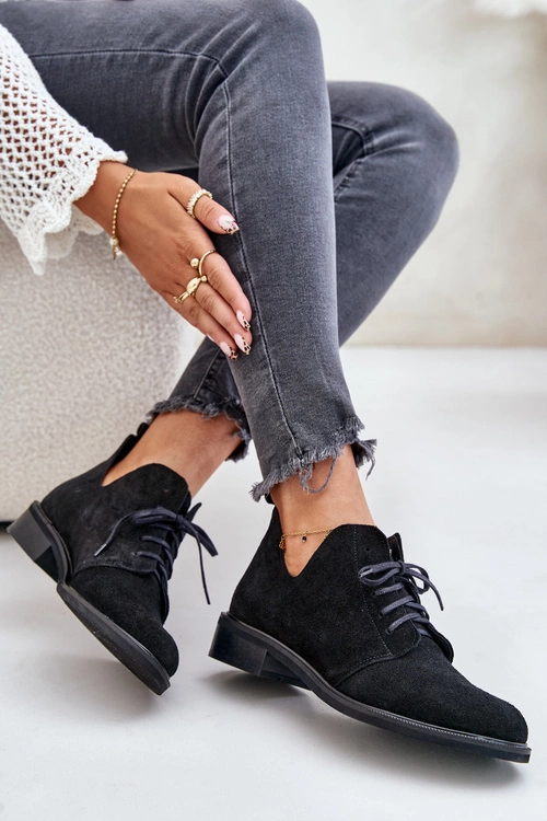 Zazoo 2959 Zamszowe Półbuty Oksfordki Sznurowane Na Płaskim Obcasie Czarne