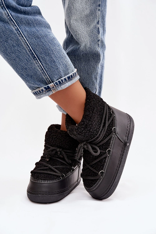 Śniegowce Damskie Z Futerkiem Typu Baranek Wiązane Czarne Belira