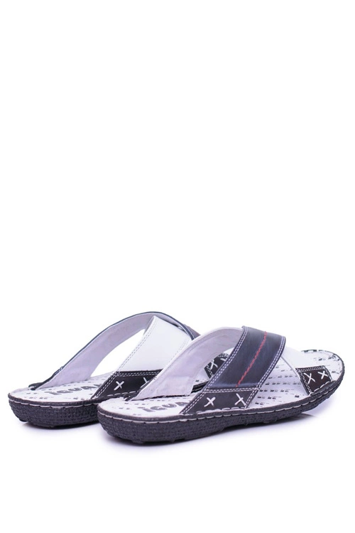 Granatowe Lekkie Skórzane Męskie Klapki Okay