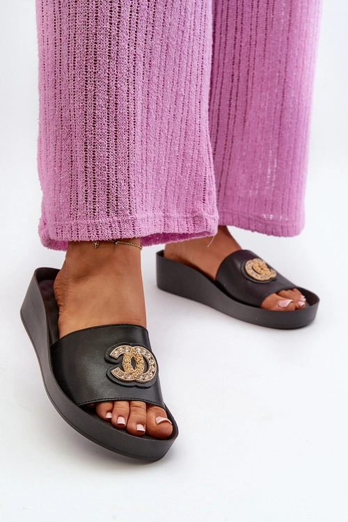 Eleganckie Lekkie Klapki Damskie Z Ozdobą Skóra Naturalna S.Barski KV27-013 Czarne