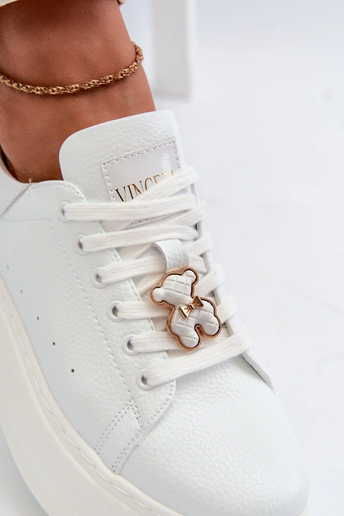 Damskie Skórzane Sneakersy Na Platformie Z Misiem Białe Vinceza 66641