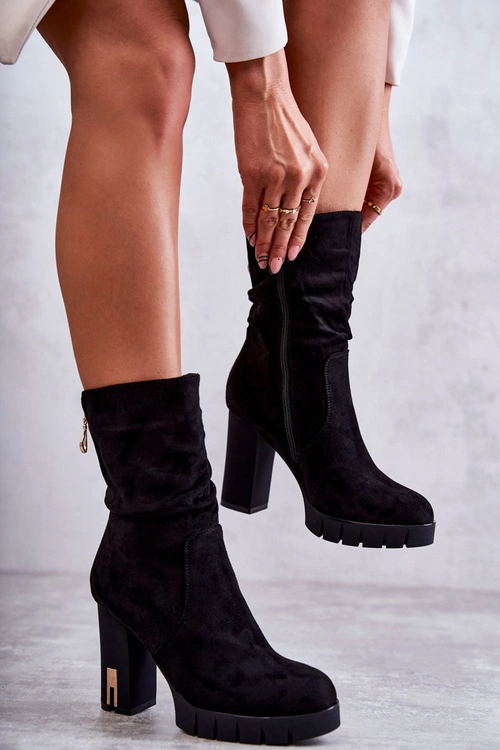 Zamszowe Wysokie Botki Na Słupku Czarne Volter