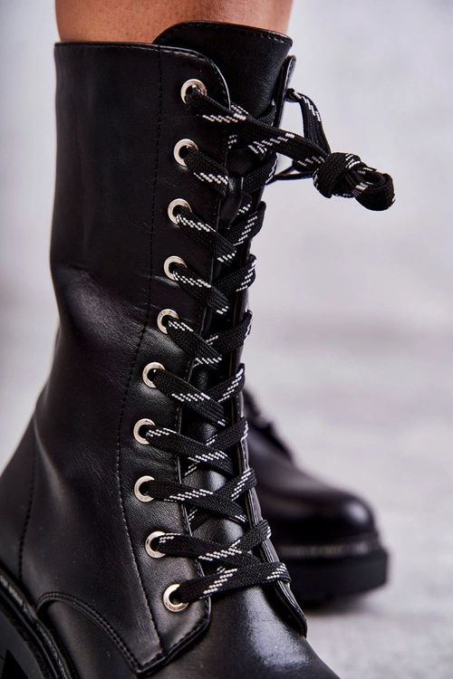 Wysokie Ocieplane Damskie Botki Wiązane Czarne Darla