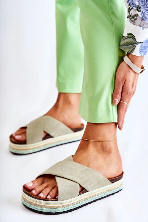 Damskie Zamszowe Klapki Na Platformie Zielone Neriko