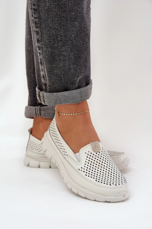 Lekkie Skórzane Ażurowe Mokasyny Damskie Na Platformie Białe Tanelora