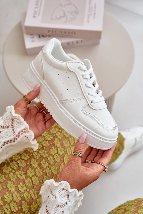 Sneakersy Damskie Na Platformie Z Ozdobnym Sznurowaniem Białe Mistra