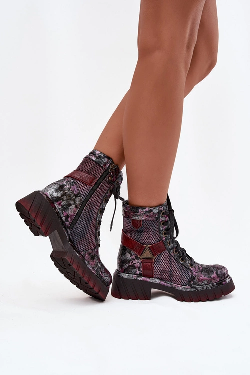 Skórzane Botki Workery Damskie Maciejka 07072-23 Bordowe