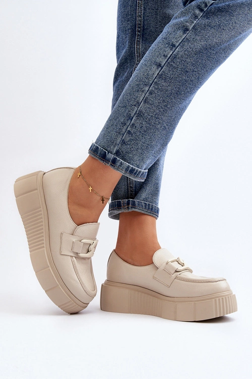 Zazoo 20101 Modne Skórzane Półbuty Na Platformie Jasnobeżowe