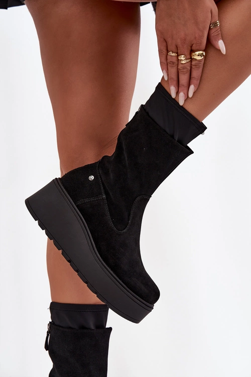 Damskie Skórzane Zamszowe Botki Na Masywnej Platformie Maciejka A7161-20 Czarne