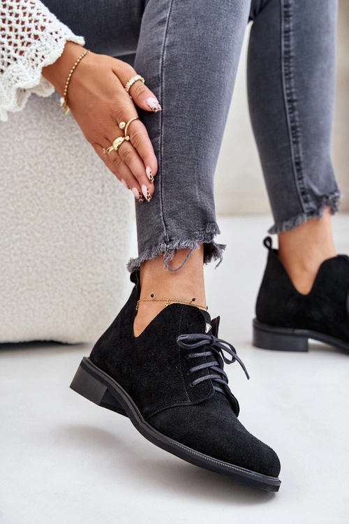 Zazoo 2959 Zamszowe Półbuty Oksfordki Sznurowane Na Płaskim Obcasie Czarne