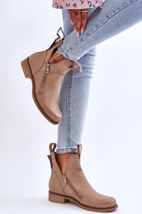 Damskie Skórzane Botki Na Płaskim Obcasie Beżowe Artemis