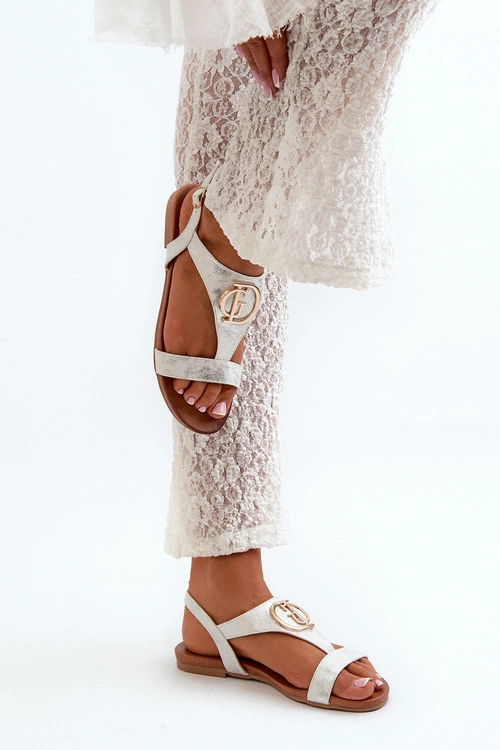 Płaskie Sandały Damskie Ze Złotą Ozdobą S.Barski KV27-051 Biało-Srebrne