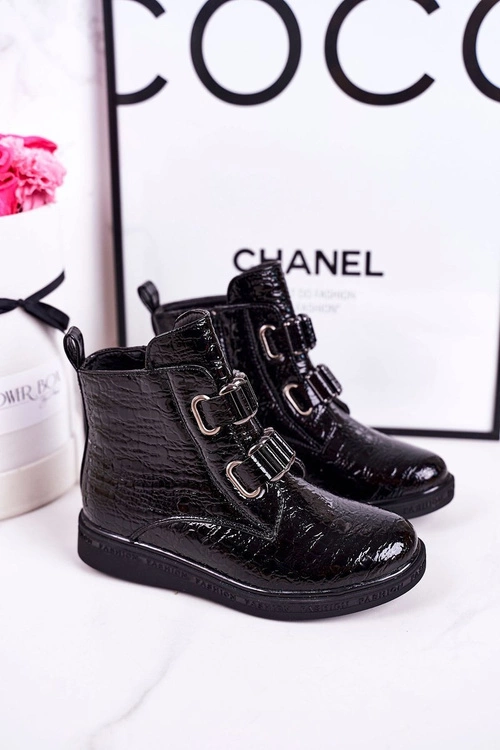 Dziecięce Ocieplane Botki Lakierowane Czarne Wzór Zwierzęcy Maya