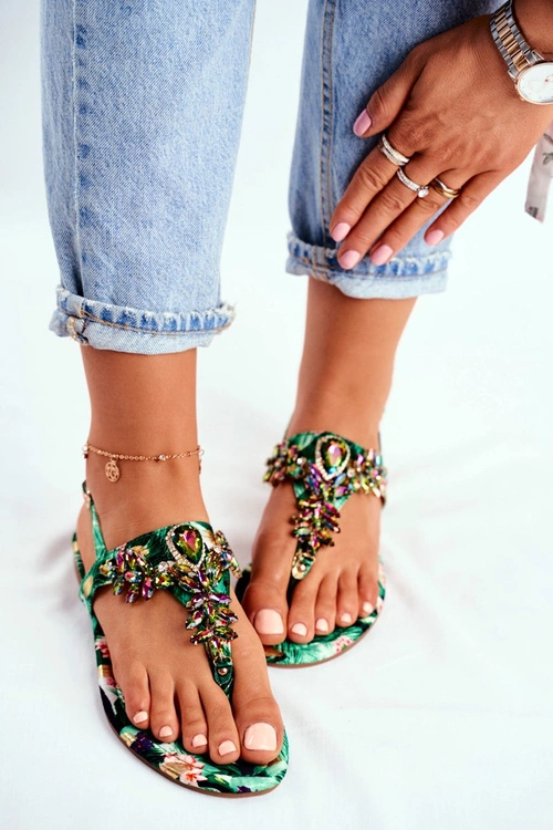 Sandałki Damskie Eleganckie Japonki Kryształki Zielone Under Control