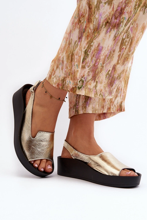 Zazoo 2893 Sandały Damskie Skórzane na Grubej Podeszwie Złote