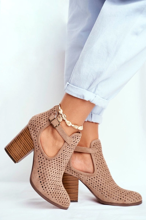 Botki Damskie Na Słupku Zamszowe Ażurowe Beżowe Morrena