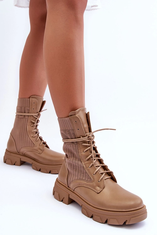 Damskie Botki Workery Sznurowane Ciemnobeżowe Marlissa