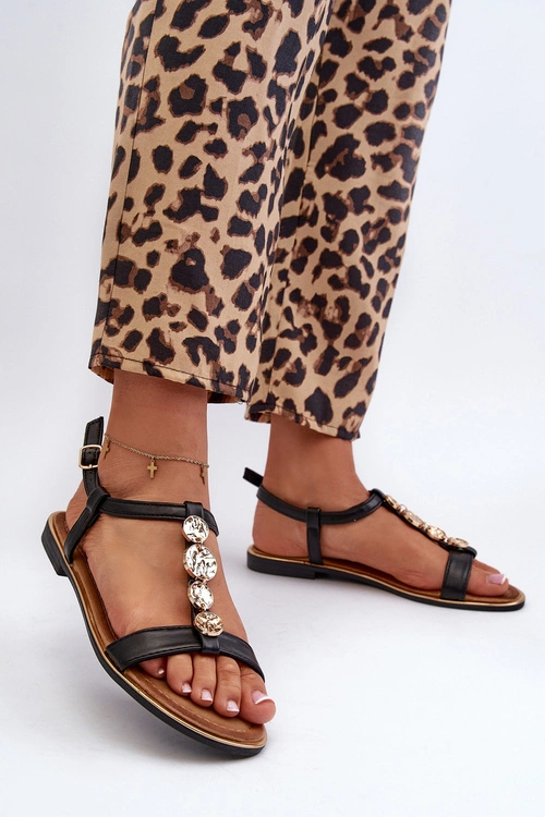 Płaskie Sandały Damskie Z Ozdobami Czarne Muridia