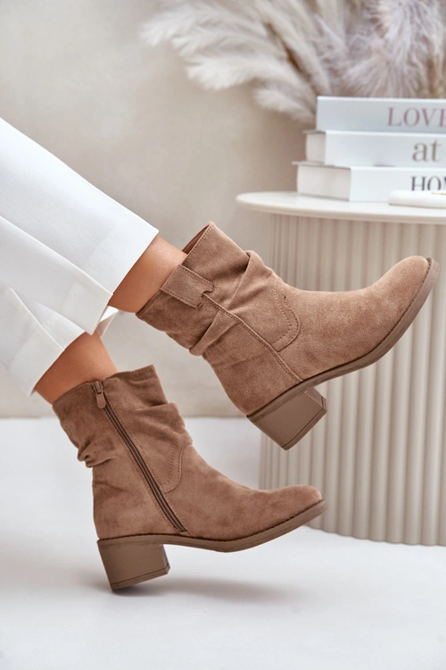 Ocieplane Botki Damskie Z Marszczoną Cholewką Na Niskim Obcasie Beżowe Zinanya