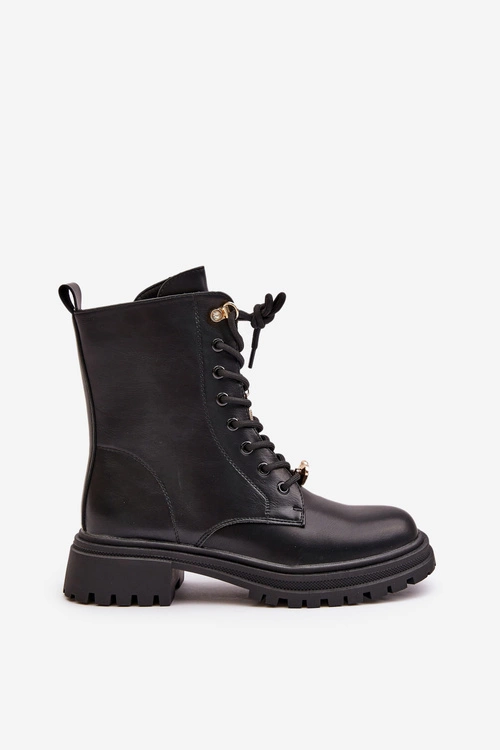 Eko Skórzane Botki Workery Damskie Z Przypinkami Czarne Rianael