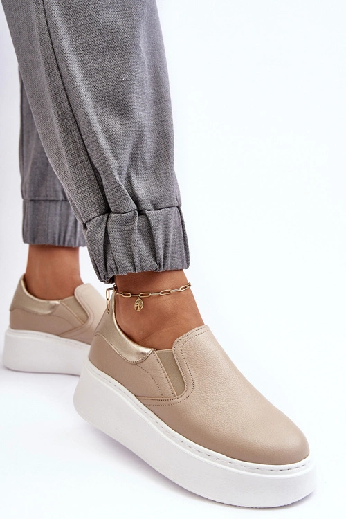 Skórzane Buty Sportowe Damskie na Platformie Beżowe Lemar Manish