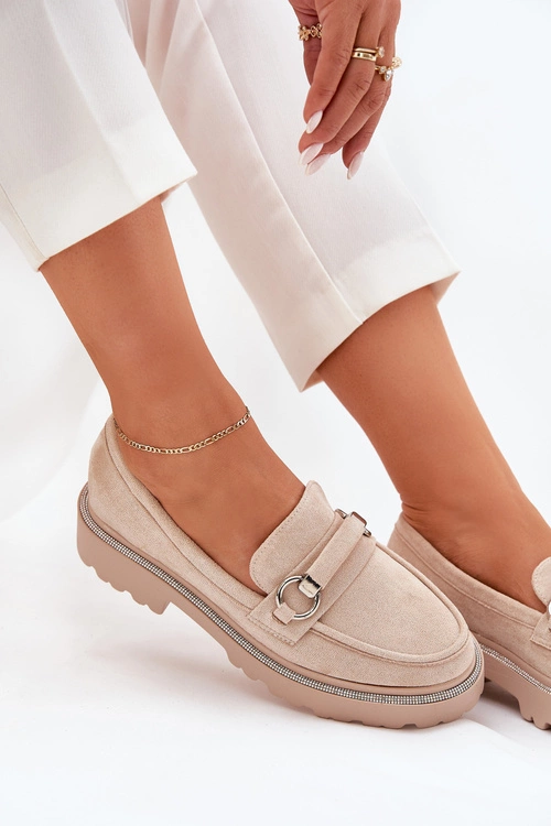 Mokasyny Damskie Zdobione Cyrkoniami Beżowe Patina